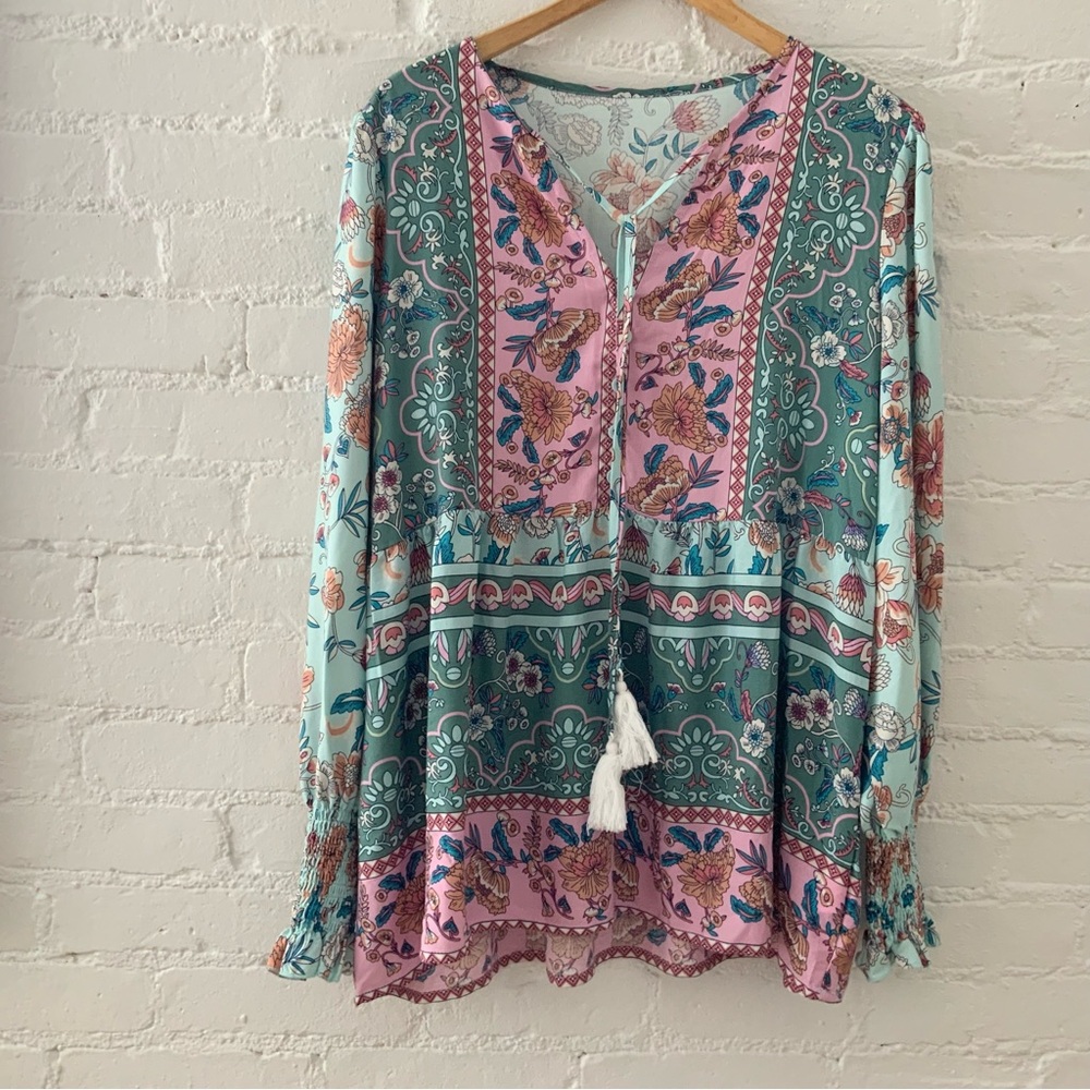Womens Boho Flowy Tunic Top Colorful Floral Print Size XL